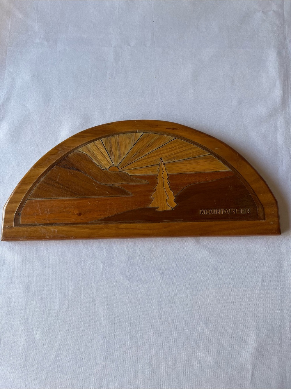 Vintage Wooden Marquetry Wall Plaque Half Moon Door Topper Mountaineer Sunset